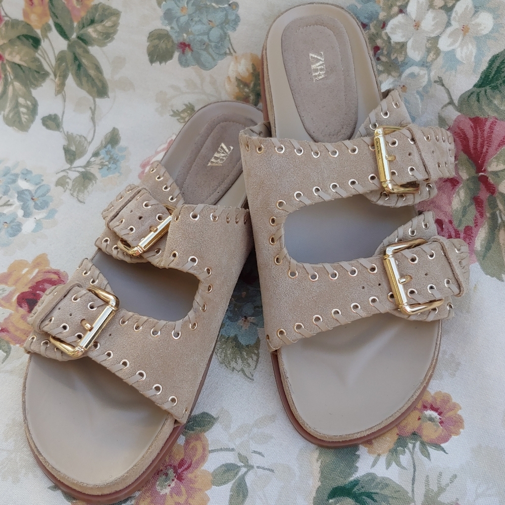 Zara Tan Suede Double Strap Slide Sandals with Gromets Women's size US 11 Euro 4 - Picture 3 of 17